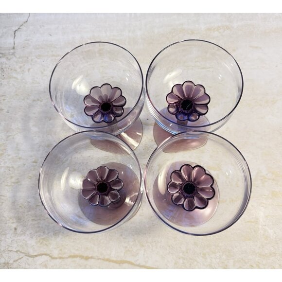 Set Of 4 Vtg. Fostoria Corsage Plum Purple Flower Stem Crystal Champagne Glasses - Picture 3 of 10